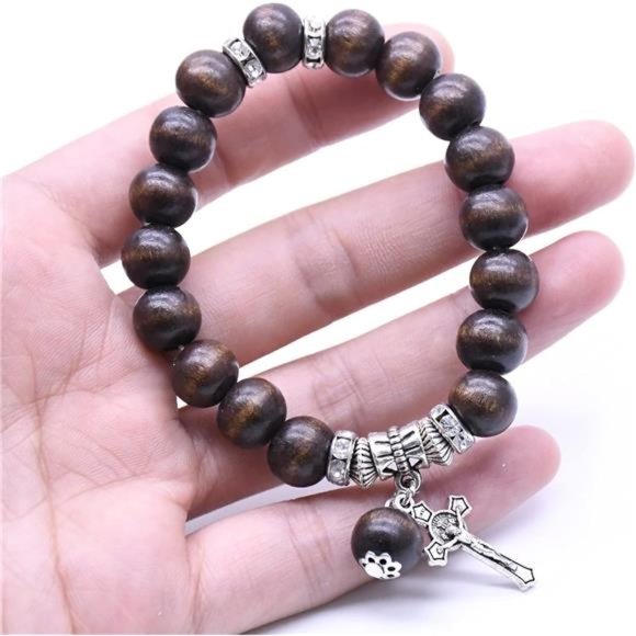 Wood Beads Rosary Bracelet Medal & Catholic Cross Religious Prayer Chaplet - Picture 2 of 5